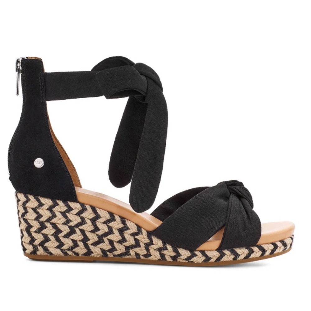UGG Black Wedge Sandals with Tan Accents